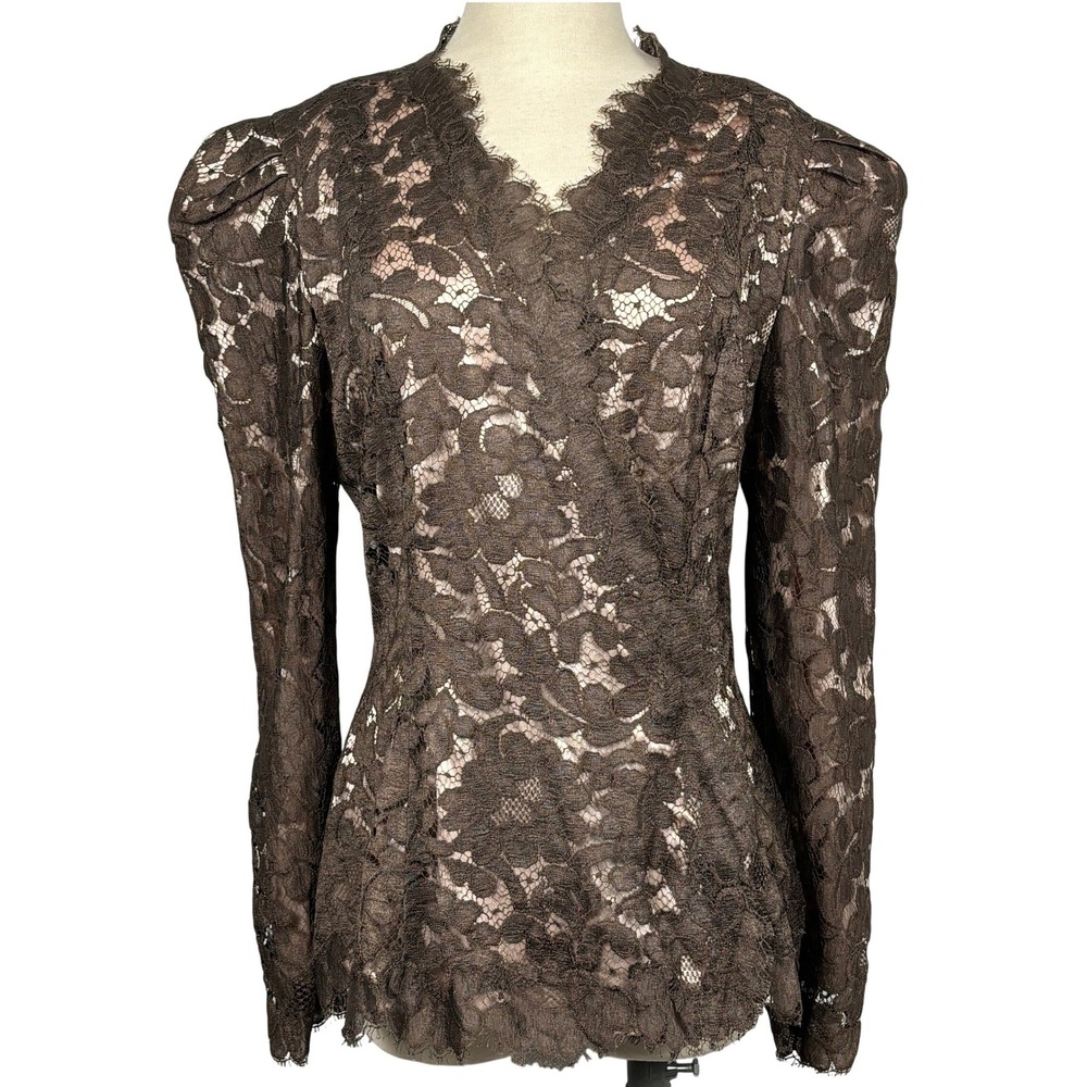 Vintage Digna Yero Victorian Lace Blouse Jacket Chocolate Brown Silk Lined Sz 10
